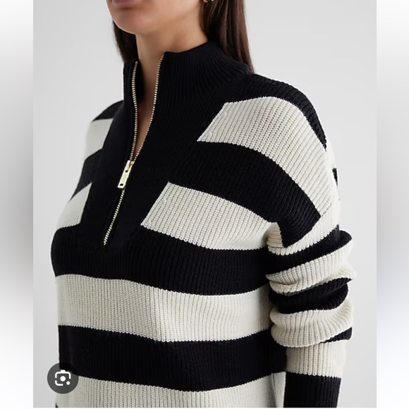Express Striped Ribbed Quarter Zip Tunic Sweater in Black Cream Size Medium - Picture 7 of 17